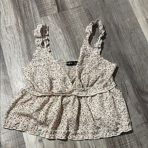 SHEIN Floral Ruffle Trim Blouse - Cream and Pink